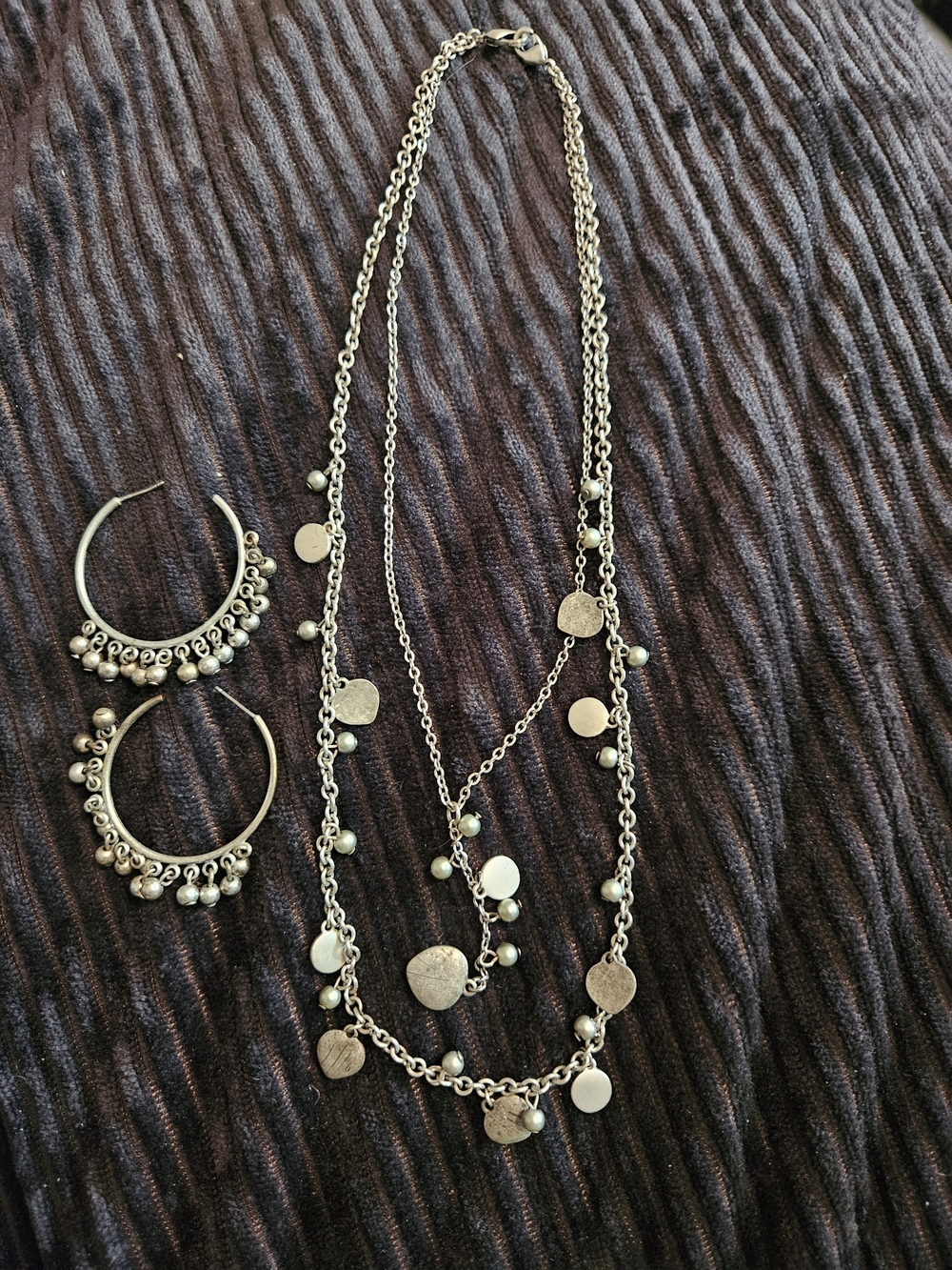 Silver-Tone Multi-Dangle Coin Necklace and Hoop Earring Set